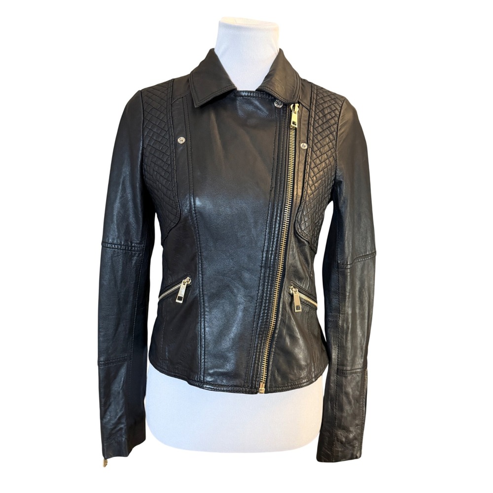 River Island Biker Jacket Women 10 Black Quilted Leather Moto Asymmetrical Zip